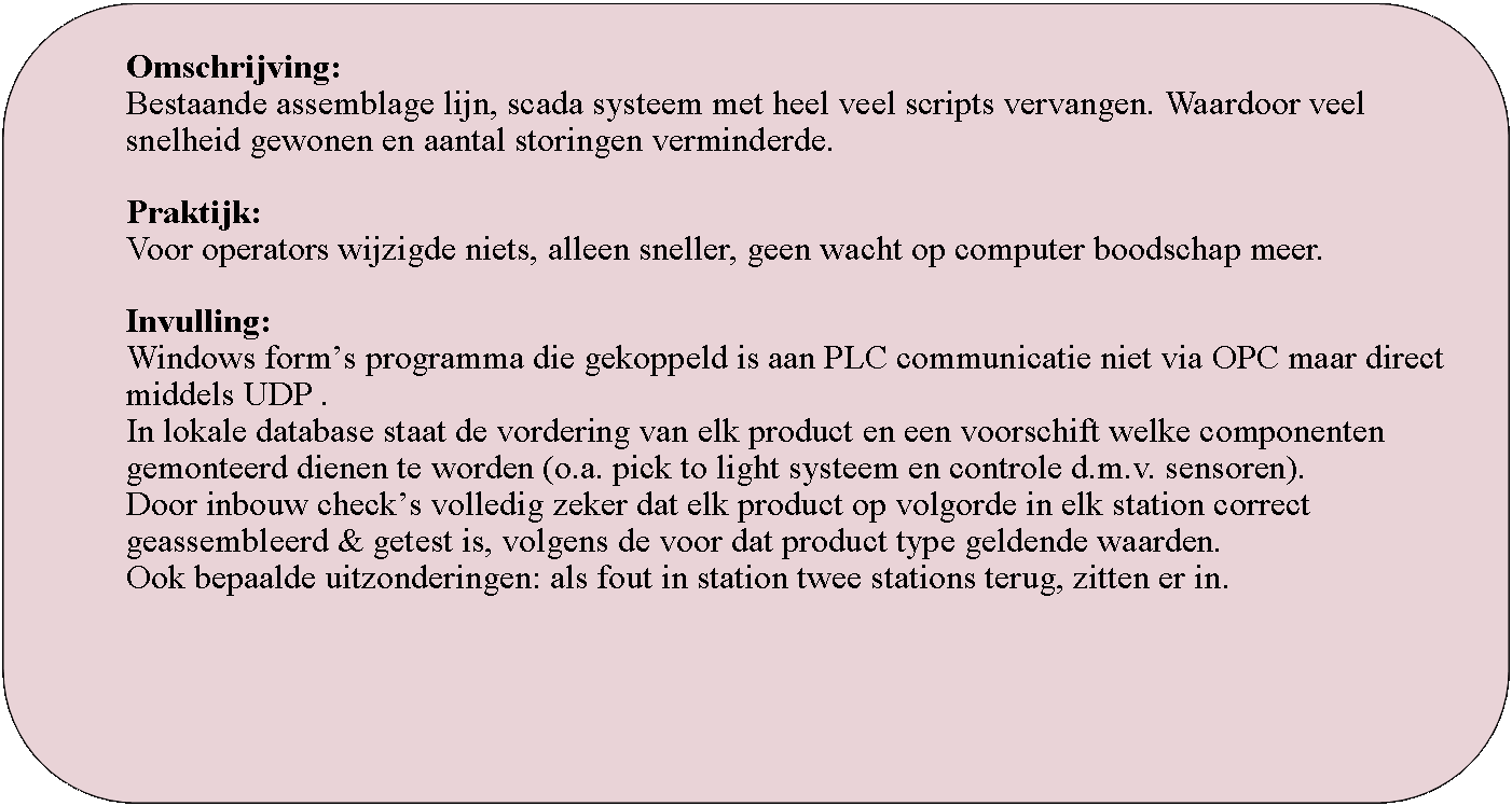 Rounded Rectangle: Omschrijving:Bestaande assemblage lijn, scada systeem met heel veel scripts vervangen. Waardoor veel snelheid gewonen en aantal storingen verminderde.Praktijk:Voor operators wijzigde niets, alleen sneller, geen wacht op computer boodschap meer.Invulling:Windows forms programma die gekoppeld is aan PLC communicatie niet via OPC maar direct middels UDP .In lokale database staat de vordering van elk product en een voorschift welke componenten gemonteerd dienen te worden (o.a. pick to light systeem en controle d.m.v. sensoren).Door inbouw checks volledig zeker dat elk product op volgorde in elk station correct geassembleerd & getest is, volgens de voor dat product type geldende waarden.Ook bepaalde uitzonderingen: als fout in station twee stations terug, zitten er in.